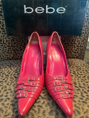 bebe Pink Pointed Toe Buckle Strap Pumps w/ 3” Heel.